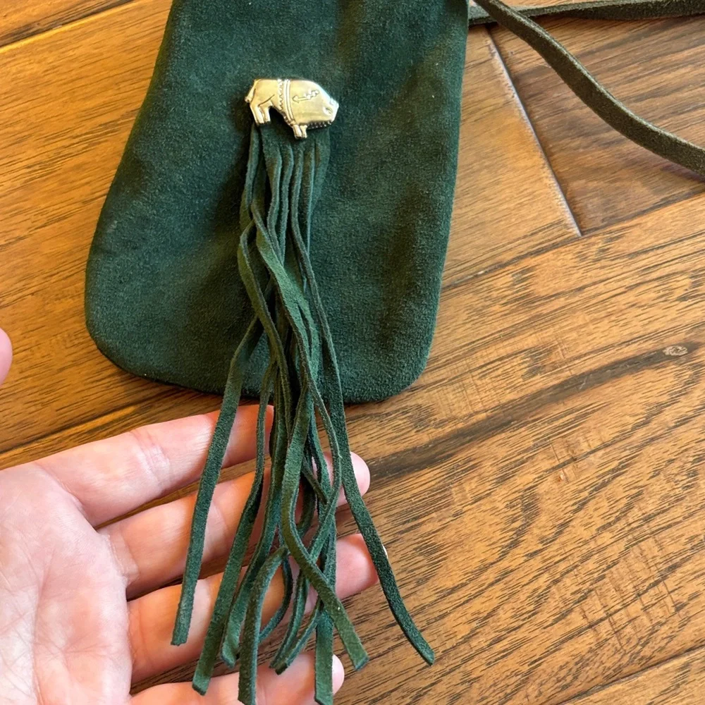 Bison Native American Green Suede Fringe Medicine Necklace Pouch- Beautiful! 🦬